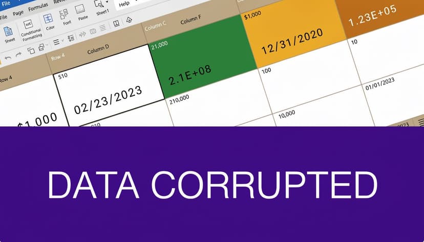 A spreadsheet interface displaying mixed data types with a large purple overlay stating DATA CORRUPTED.