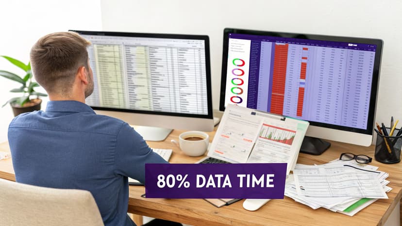 Over-the-shoulder view of a person analyzing data on dual monitors with spreadsheets and reports on a desk.
