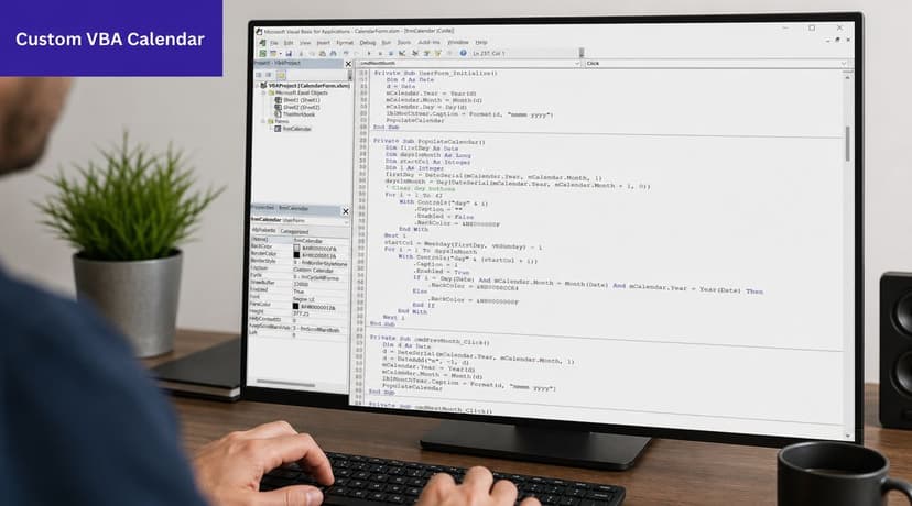 A person writing VBA code for a custom calendar drop down in Excel on a desktop computer.