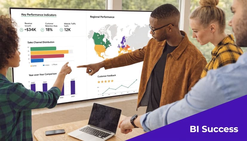 A diverse team of professionals discussing business data visualizations and key performance indicators on a large monitor.