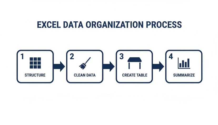 A four-step infographic illustrating the Excel data organization process, including structuring, cleaning, creating tables, and summarizing.