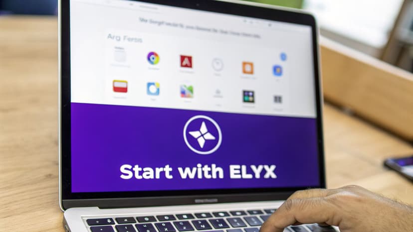 Close-up of a person typing on a laptop displaying a 'Start with ELYX' message and app icons.