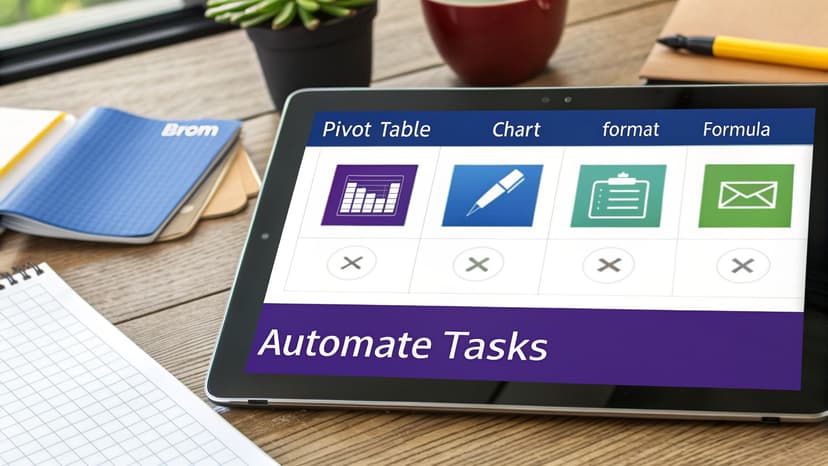 Close-up of a tablet displaying 'Automate Tasks' and Excel-related options on a wooden desk.