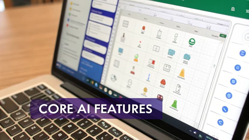 A laptop screen displaying a software interface with various icons and a 'CORE AI FEATURES' overlay.