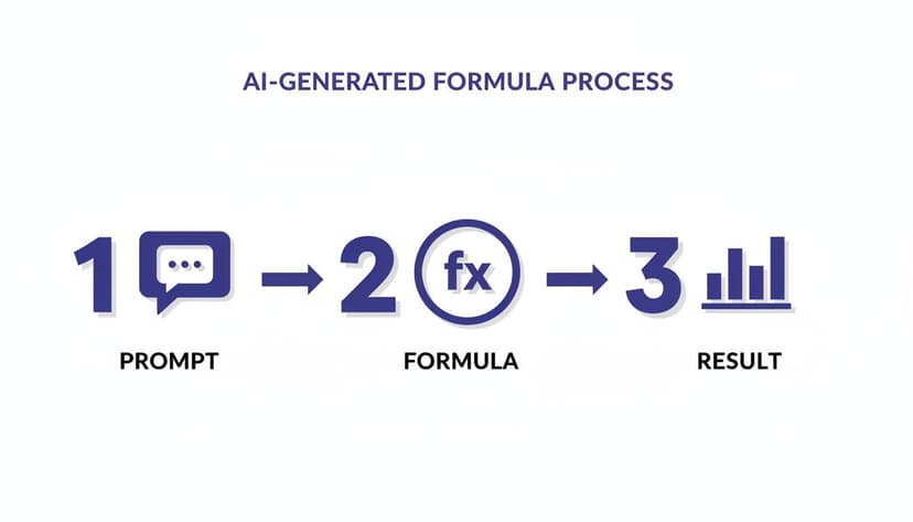 A three-step AI-generated formula process flowchart: Prompt, Formula (fx icon), and Result (bar chart).