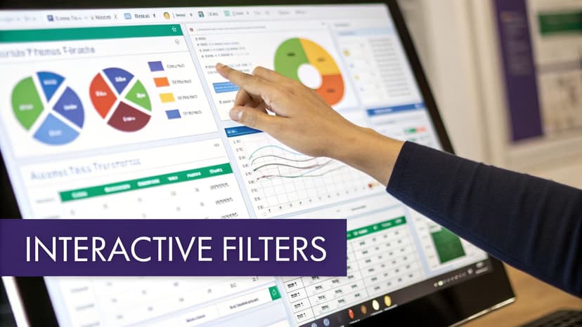 A user's hand touches a large touchscreen monitor displaying interactive data visualizations and filters.