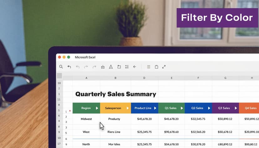 A close up view of a laptop screen displaying a Microsoft Excel spreadsheet showing quarterly sales data.