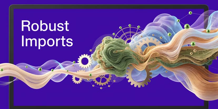 A conceptual digital illustration featuring the text Robust Imports beside colorful, flowing fiber strands and mechanical gears.