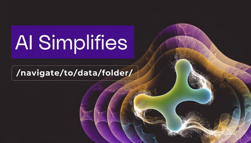 A digital graphic with the text AI Simplifies next to a file path and abstract colorful shapes.