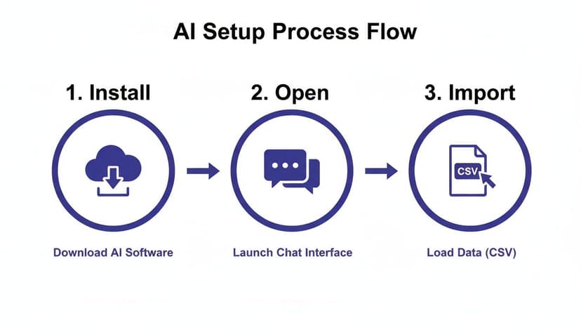 Flowchart illustrating the three-step AI setup process: install software, launch chat, and import CSV data.