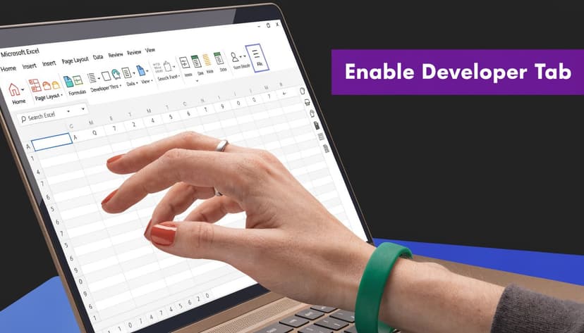 A hand using a laptop to view Microsoft Excel settings for enabling the developer tab feature.