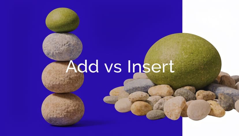 A conceptual illustration with stacked stones and a pile of pebbles representing add versus insert.