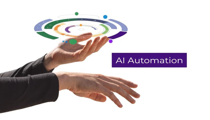 A person gesturing towards a holographic digital interface representing AI automation technology in a futuristic setting.