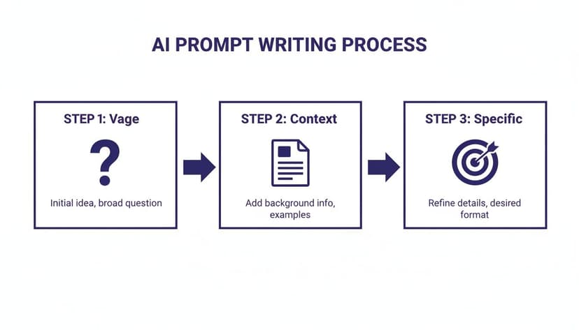 A three-step AI prompt writing process diagram showing how to go from vague ideas to specific prompts.