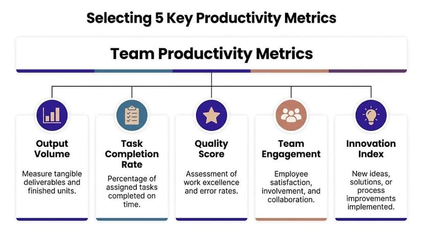 A diagram outlining five key metrics for measuring team productivity including output, completion, quality, engagement, and innovation.