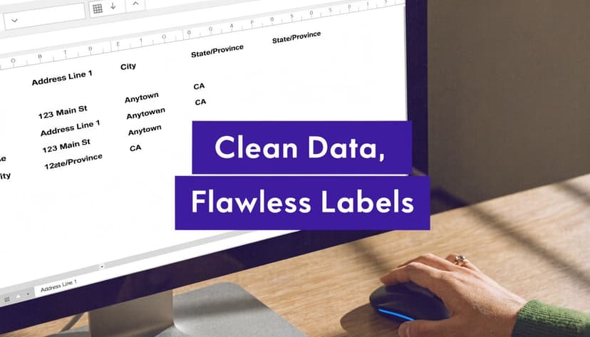 A close-up view of a person using a computer to manage address labels from Excel data.