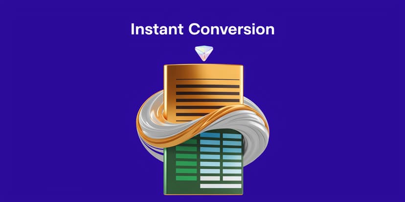 A 3D illustration showing a text document being converted into a spreadsheet file with a diamond symbol.