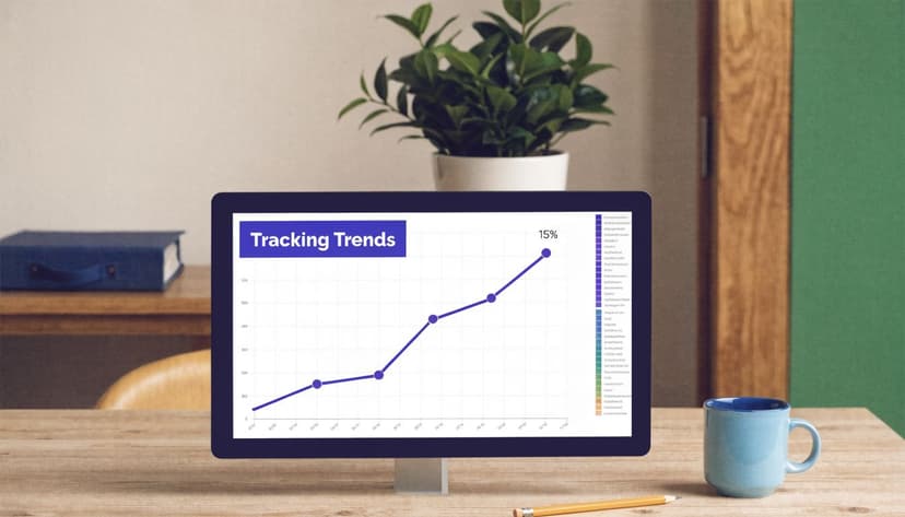 A computer monitor displaying a line graph titled Tracking Trends on a wooden desk with a plant.