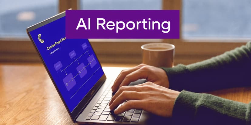 A person working on a laptop displaying an AI-generated concise project report on a wooden table.