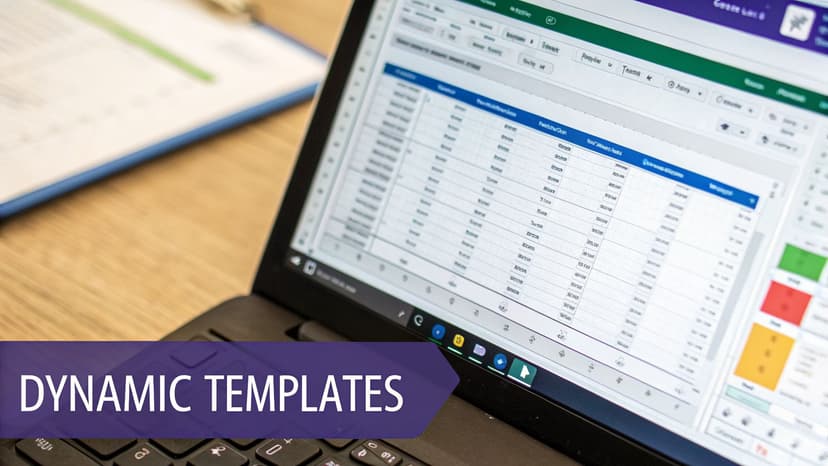A close-up of a laptop screen displaying an Excel spreadsheet with various data and dynamic templates.