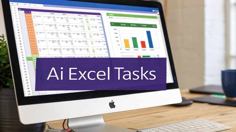 A desktop computer screen displays Excel spreadsheets with a calendar and bar chart, featuring 'Ai Excel Tasks' overlay.