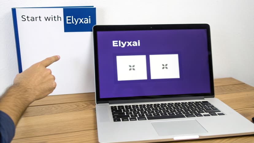 A hand points to an 'Elyxai' binder next to a laptop displaying the 'Elyxai' interface.