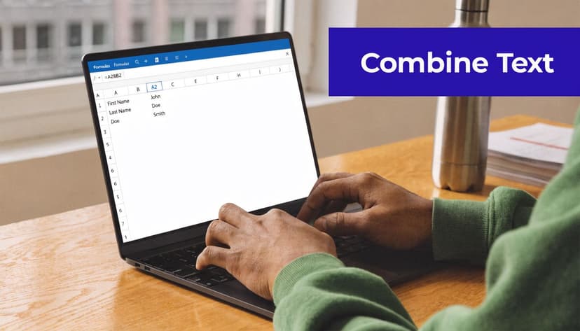 A person using a laptop to type a formula for combining text in an Excel spreadsheet.