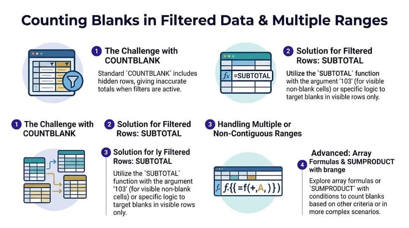 An infographic explaining how to count blank cells in filtered Excel data and non-contiguous ranges effectively.