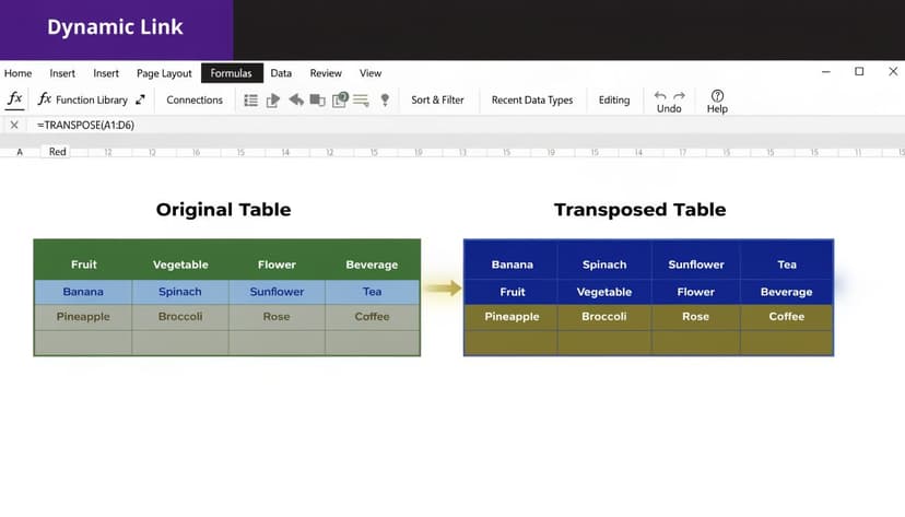 A spreadsheet diagram showing the TRANSPOSE function in Excel to convert rows into columns in a table.