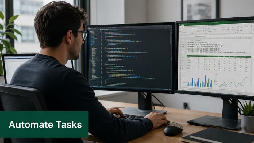 A professional software developer working on code and data spreadsheets across multiple computer monitors in an office.