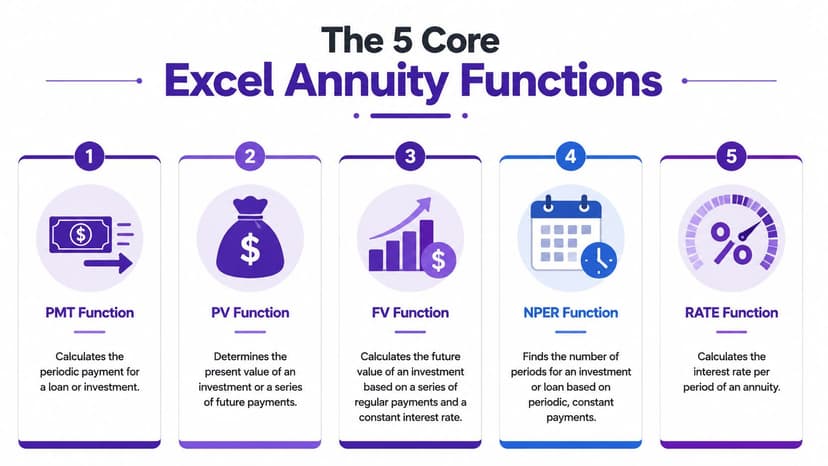 A visual guide listing the five core Excel annuity functions including PMT, PV, FV, NPER, and RATE.