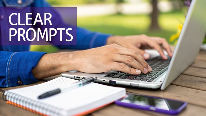 Person typing on a laptop with a notebook, pen, and phone, displaying 'CLEAR PROMPTS'.