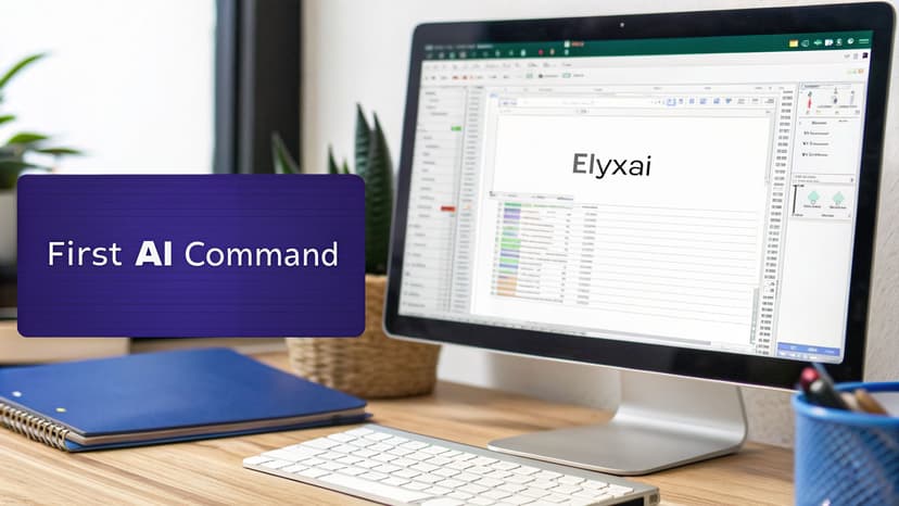 A desk setup with a monitor displaying 'Elyxai' and a purple text box 'First AI Command'.