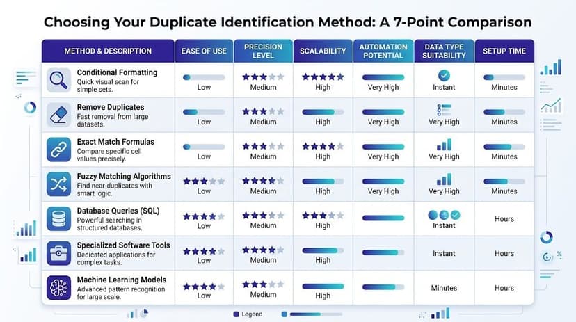 A comparison chart outlining seven methods for identifying duplicate data, including performance metrics like precision and scalability.