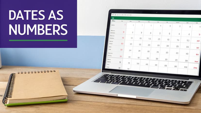 A laptop screen displaying a spreadsheet with numbers representing dates, next to a notebook on a wooden desk.