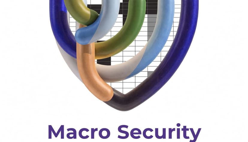 A conceptual graphic illustrating macro security with a colorful shield shape protecting a digital grid background.