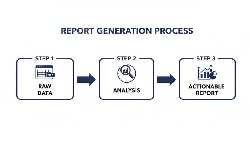 A diagram illustrating the three-step report generation process: Raw Data, Analysis, and Actionable Report.