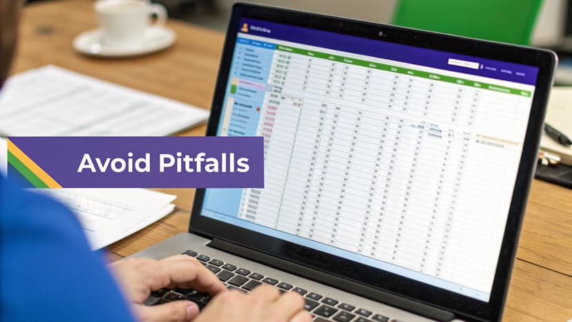 Person typing on a laptop displaying data, with 'Avoid Pitfalls' text overlay, on a wooden table.