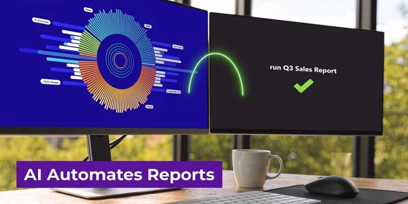 A dual monitor setup displaying automated business sales data analysis with an AI report generation theme.
