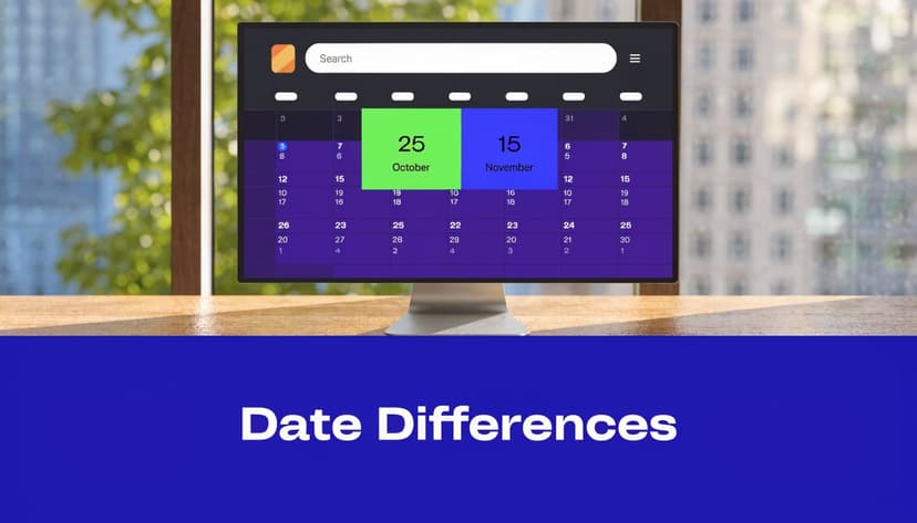 A computer monitor displaying a digital calendar interface on a wooden desk with a large date difference title.