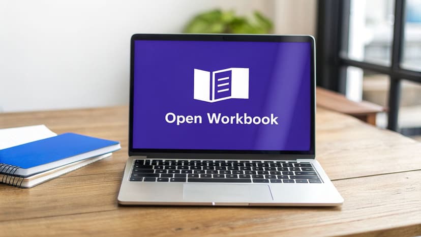 A laptop on a wooden desk displays 'Open Workbook' on its screen, next to notebooks.