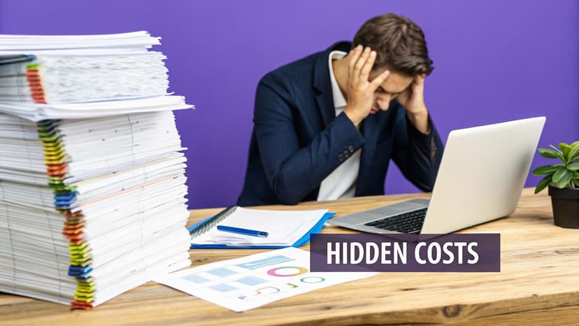 A stressed man overwhelmed by paperwork and a laptop, with "Hidden Costs" text on the image.
