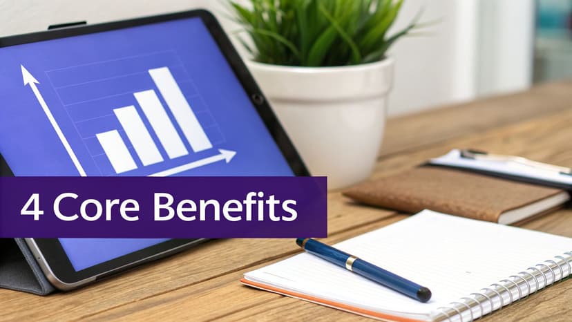A tablet with a growth chart and "4 Core Benefits" text, next to a notebook and pen on a wooden desk.