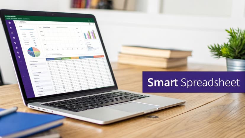 A laptop displays a smart spreadsheet with charts and data tables on a wooden desk.