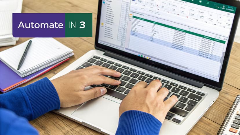 Close-up of a person typing on a laptop with a spreadsheet on the screen, on a wooden desk.