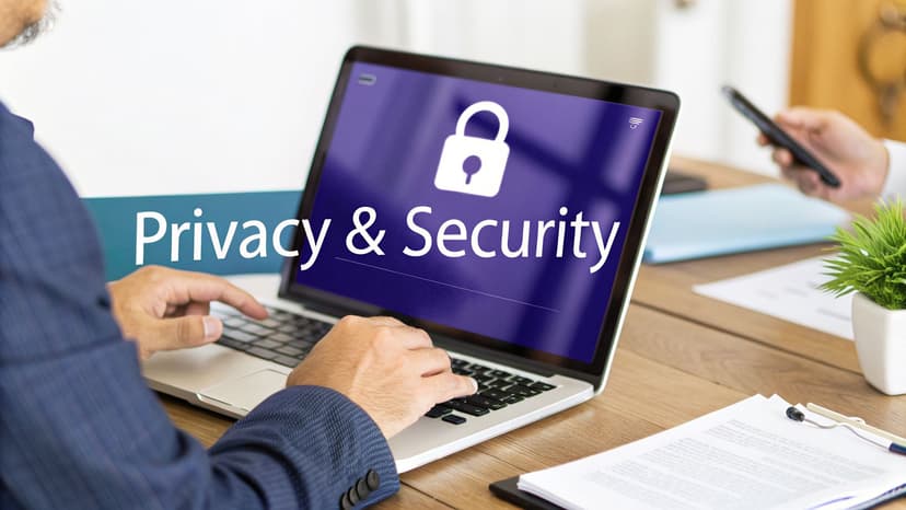 Hands typing on a laptop screen showing 'Privacy & Security' and a lock icon, emphasizing data protection.