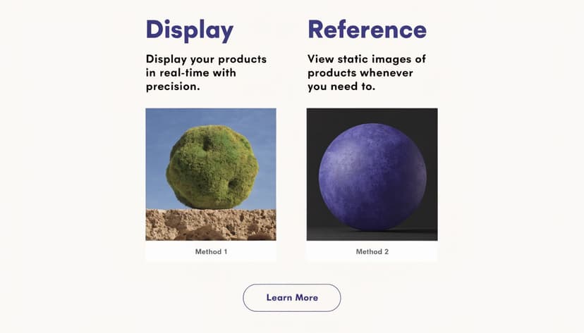 A comparison interface showing Display and Reference methods for showcasing products, featuring a mossy sphere and purple orb.