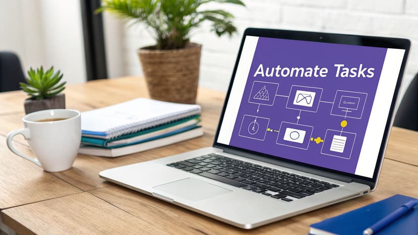 A laptop on a wooden desk displays 'Automate Tasks' with a workflow diagram, next to coffee and notebooks.