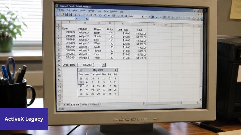 A vintage computer monitor displaying a Microsoft Excel spreadsheet featuring a calendar drop down interface.