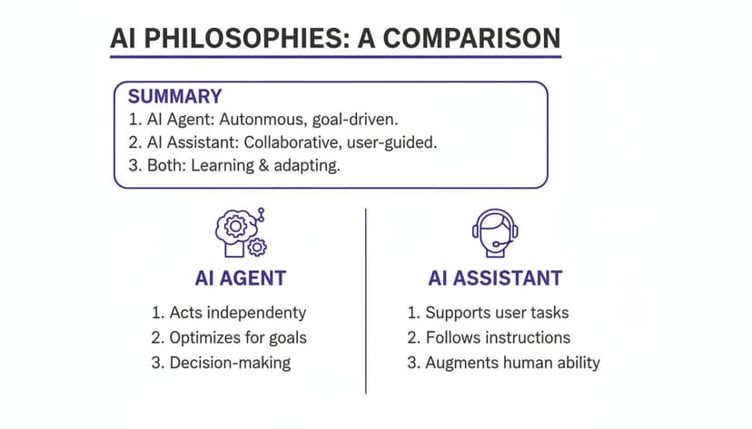 A comparison of AI Agent and AI Assistant philosophies, highlighting their functions and learning capabilities.
